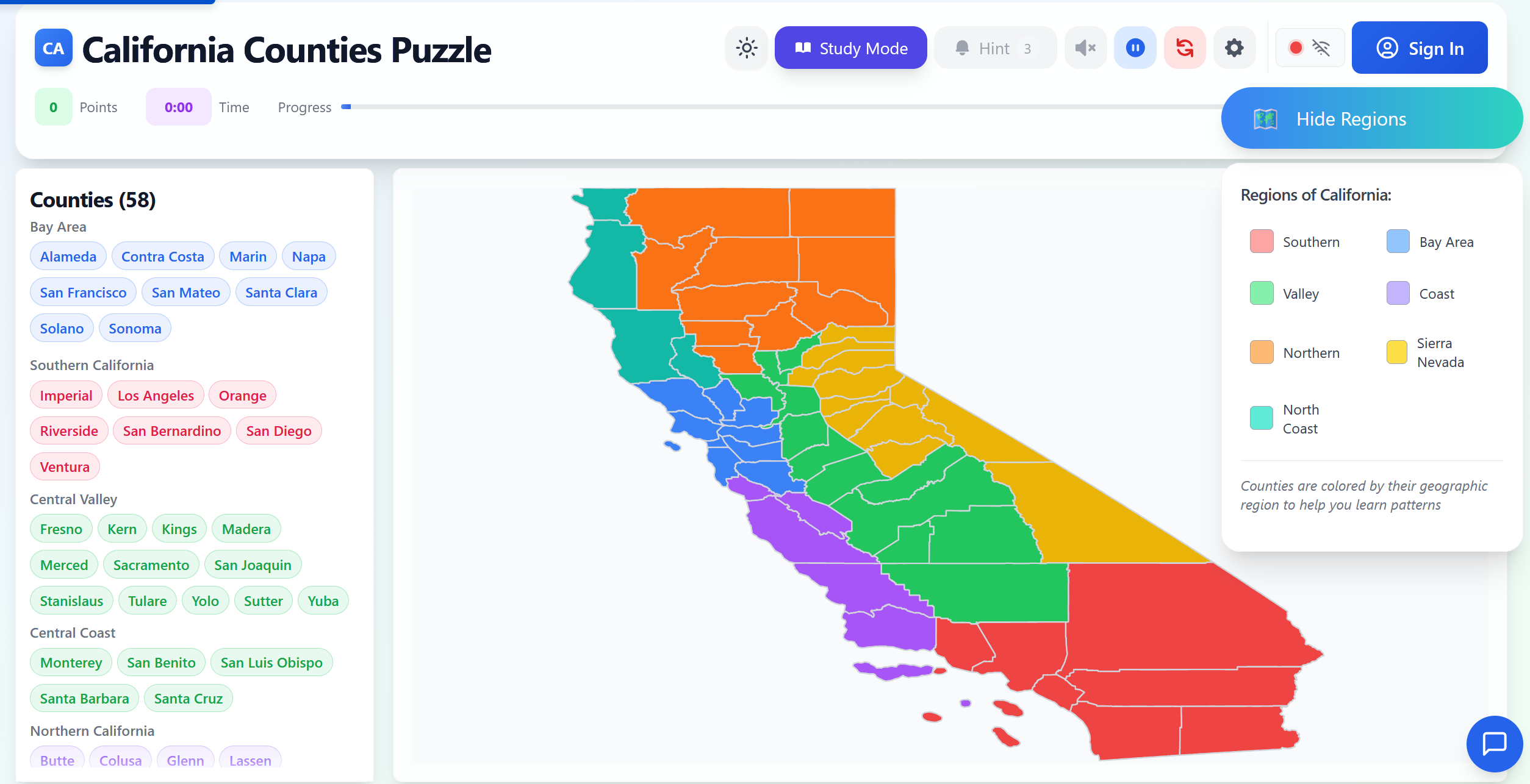Juego de Rompecabezas de Condados de California mostrando interfaz de arrastrar y soltar con mapa de condados