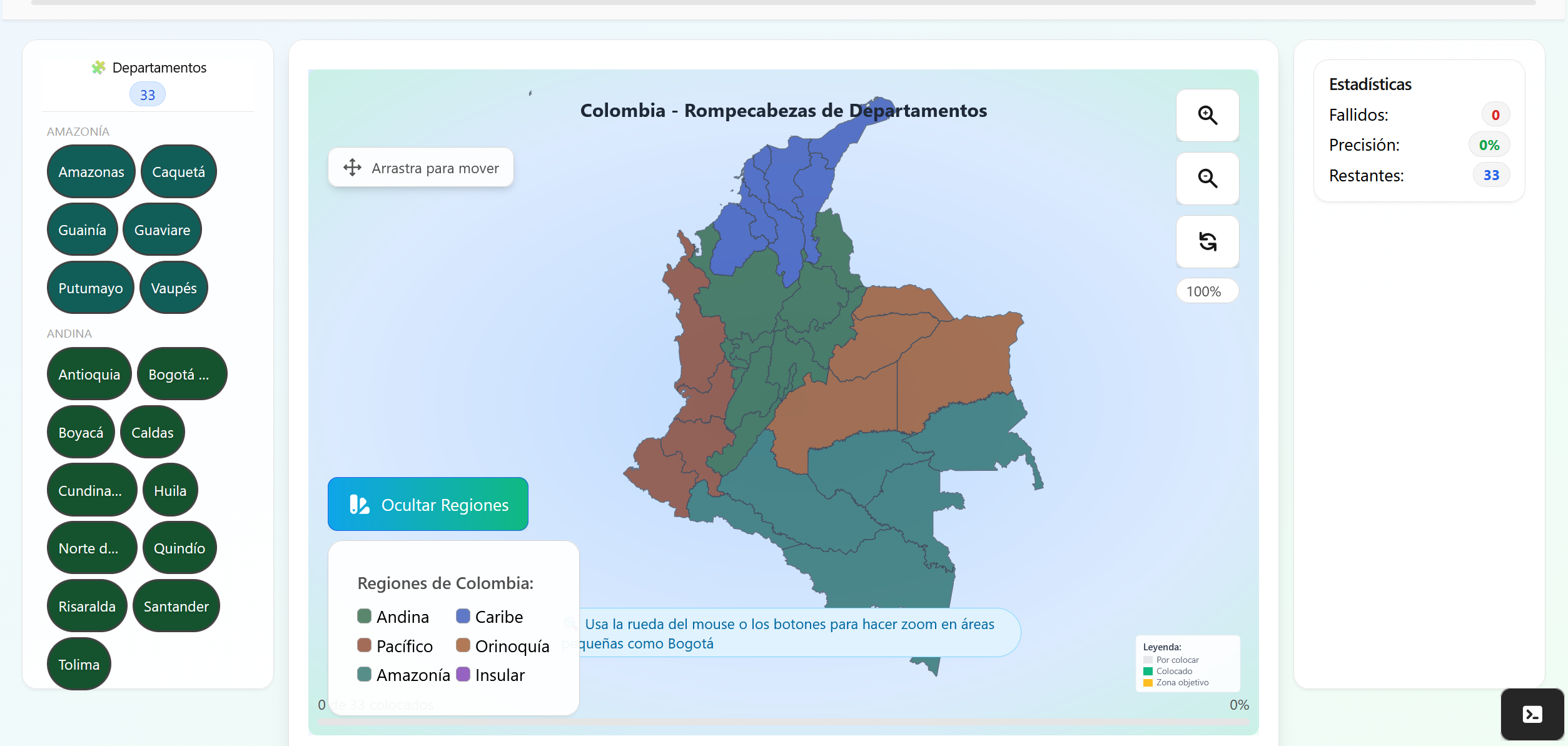 Juego de Rompecabezas de Departamentos de Colombia mostrando interfaz de arrastrar y soltar con mapa de departamentos
