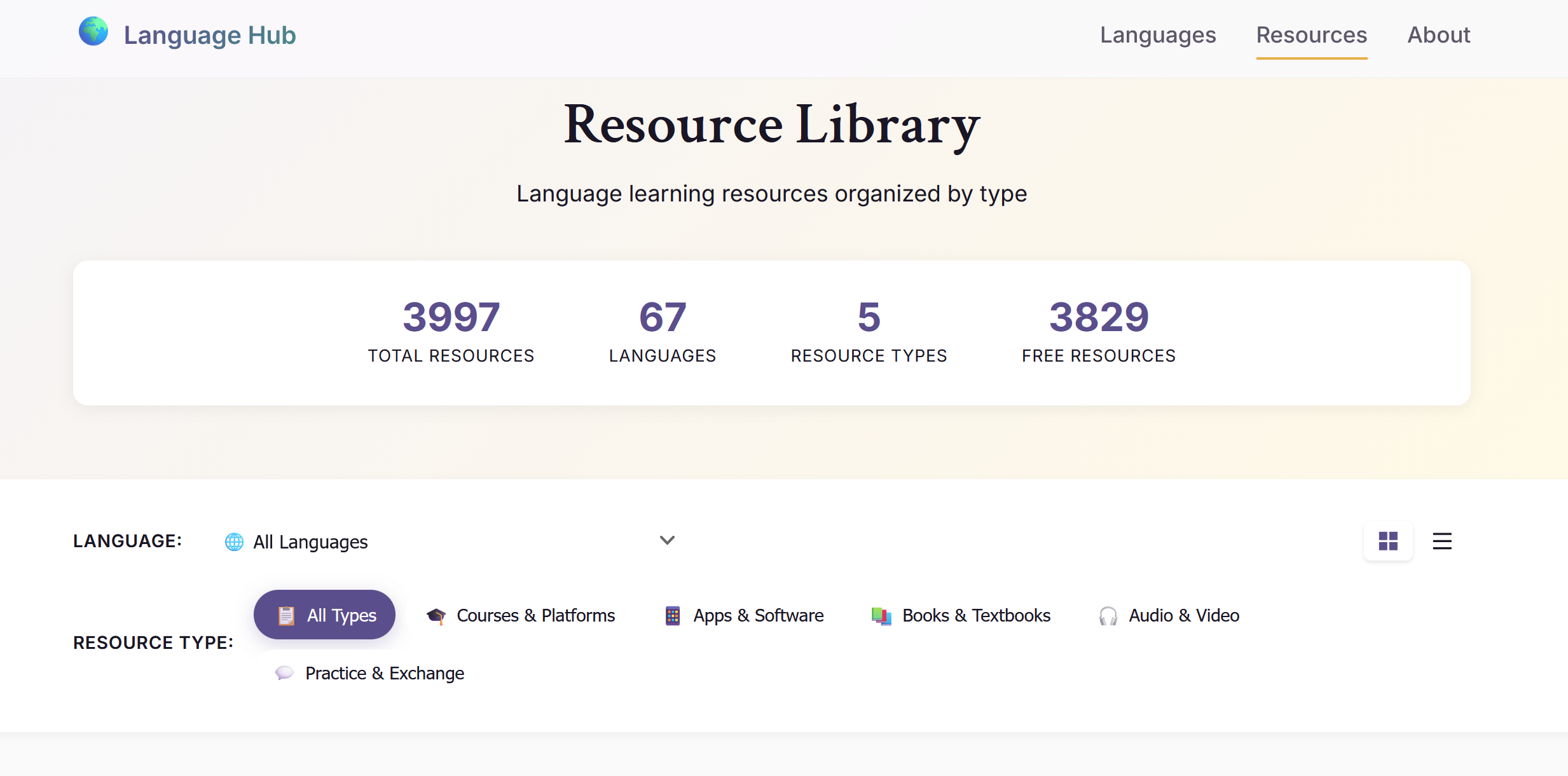 Navegador de recursos del Centro con opciones de filtrado