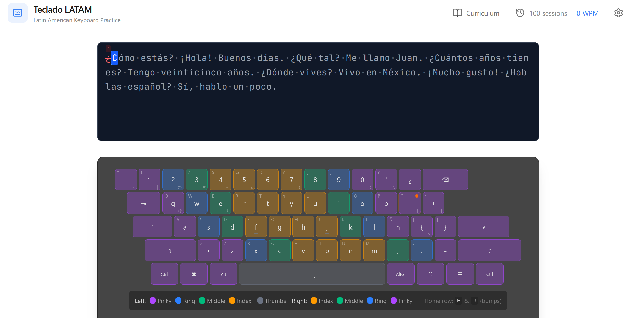 Interfaz de práctica de mecanografía Teclado LATAM con diseño de teclado LATAM